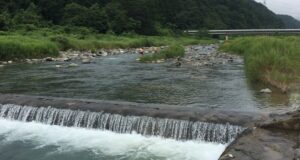 目の前を流れる「松川」のせせらぎ